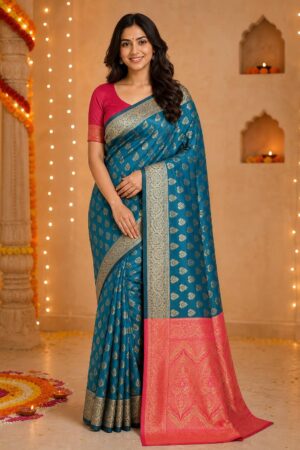 Samriddhi Blue Ethnic Motifs Zari Work Art Silk Saree