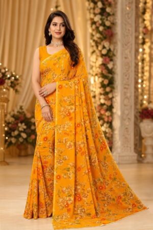 Samriddhi Yellow Georgette Saree, Featuring a Beautiful Floral Printed Design for Haldi Wear