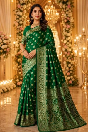 Samriddhi Green Motifs Zari Silk Blend Heavy Work Banarasi Saree