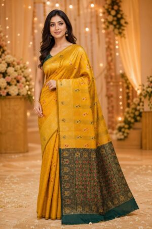 Samriddhi Yellow Woven Design Zari Silk Blend Handloom Banarasi Saree