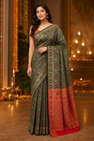 Samriddhi Green Ethnic Motifs Zari Silk Blend Handloom Banarasi Saree