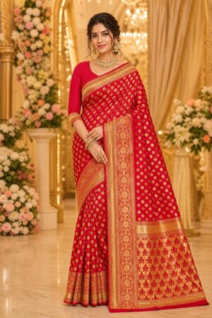 Samriddhi Red and Gold-toned Woven Design Zari Silk Blend Heavy Work Kanjeevaram Saree