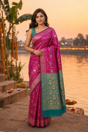 Samriddhi Magenta and Turquoise Blue Woven Design Zari Silk Blend Banarasi Saree