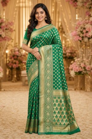 Samriddhi Green and Gold-toned Woven Design Zari Silk Blend Handloom Kanjeevaram Saree