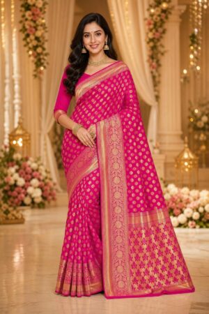 Samriddhi Pink and Gold-toned Ethnic Motifs Zari Silk Blend Heavy Work Kanjeevaram Saree
