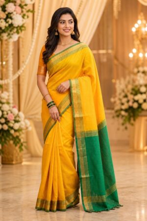 Samriddhi Vibrant Yellow Handwoven Resham Silk Saree, Beautifully Contrasted with a Deep Green Border & Pallu for Haldi Wear