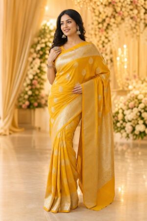 Samriddhi Yellow Banarasi Art Silk Saree, Crafted to Bring Together Traditional Indian Craftsmanship with Unstitched Blouse Piece