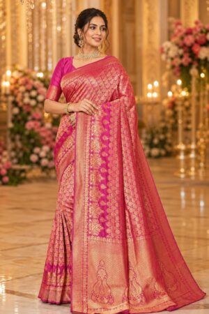 Samriddhi Pink Woven Design Zari Heavy Work Banarasi Sarees