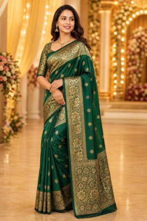 Samriddhi Green Gold Tonned Ethnic Motifs Zari Handloom Saree Banarasi Sarees