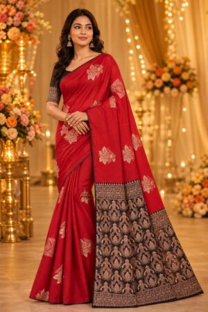 Samriddhi Red and Black Woven Design Silk Cotton Banarasi Saree